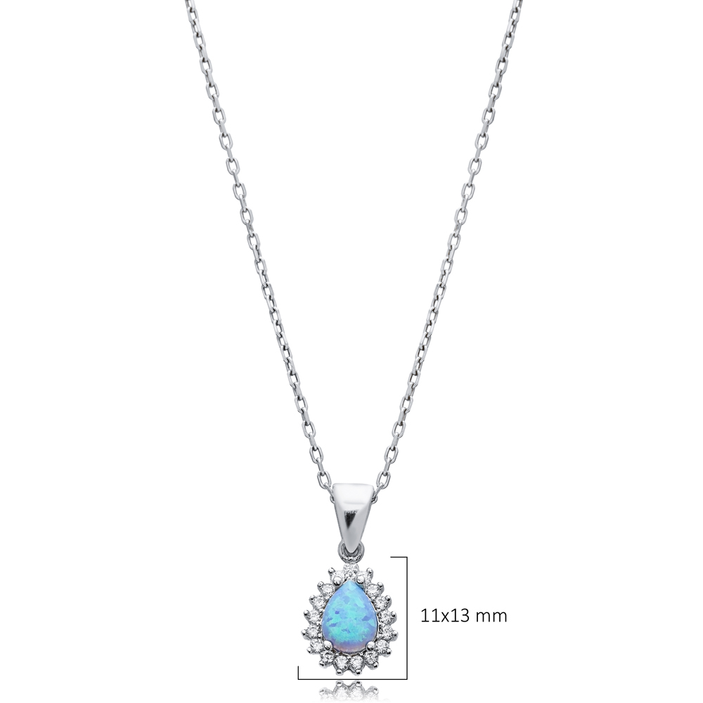 Pear Cut Design CZ Light Blue Opal 925 Silver Charm Necklace