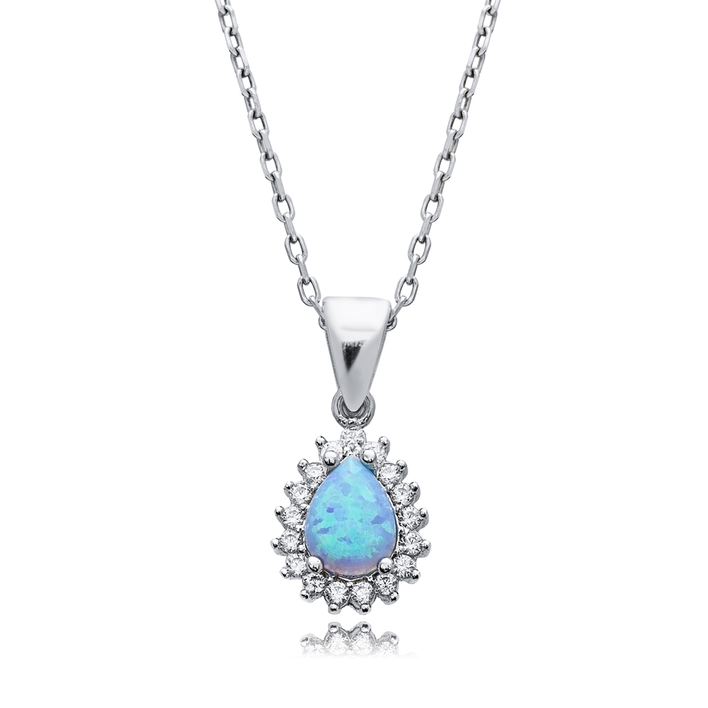 Pear Cut Design CZ Light Blue Opal 925 Silver Charm Necklace