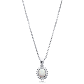 White Opal Oval Cut Design CZ Wholesale Silver Charm Necklace