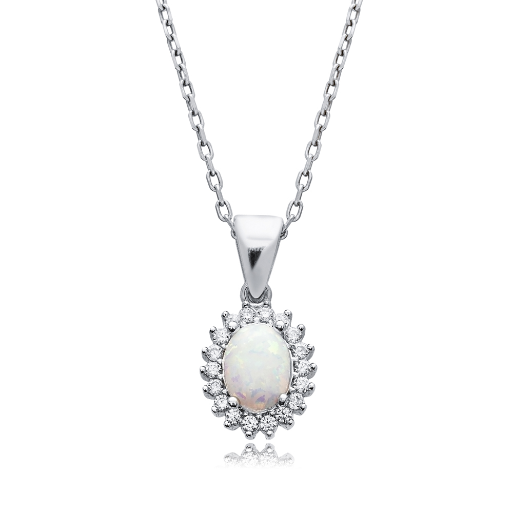 White Opal Oval Cut Design CZ Wholesale Silver Charm Necklace