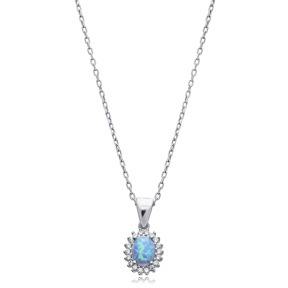 Light Blue Opal Oval Cut Design CZ Wholesale Silver Charm Necklace