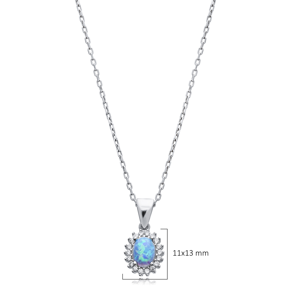 Light Blue Opal Oval Cut Design CZ Wholesale Silver Charm Necklace