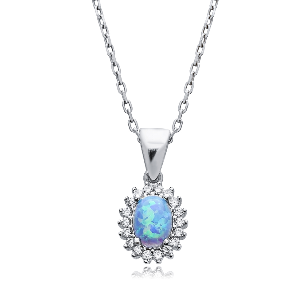 Light Blue Opal Oval Cut Design CZ Wholesale Silver Charm Necklace