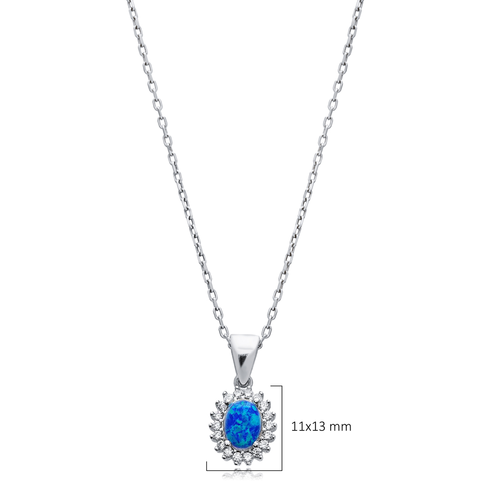 Blue Opal Oval Cut Design CZ Wholesale Silver Charm Necklace