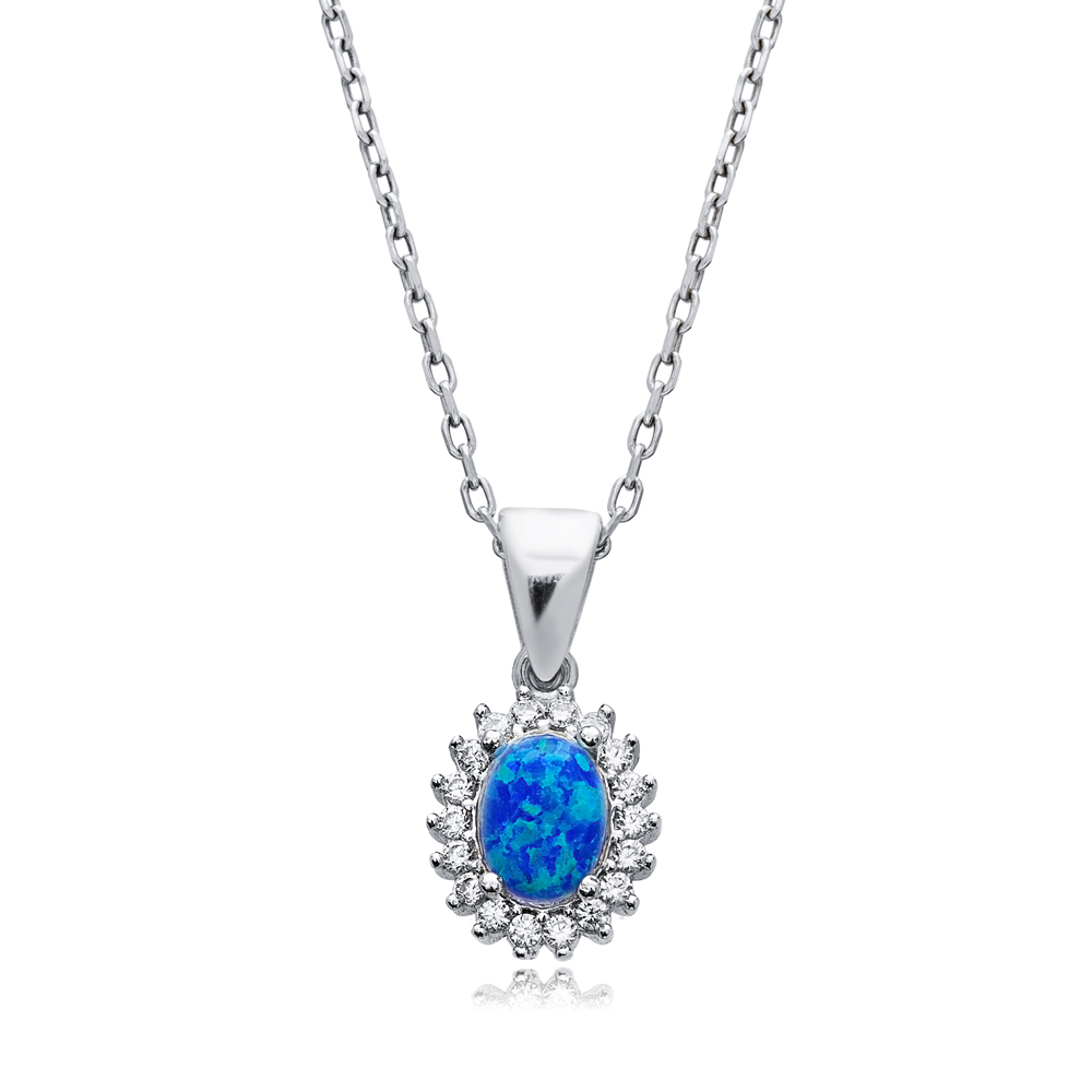 Blue Opal Oval Cut Design CZ Wholesale Silver Charm Necklace