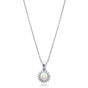 Round Cut CZ White Opal Wholesale Silver Charm Necklace