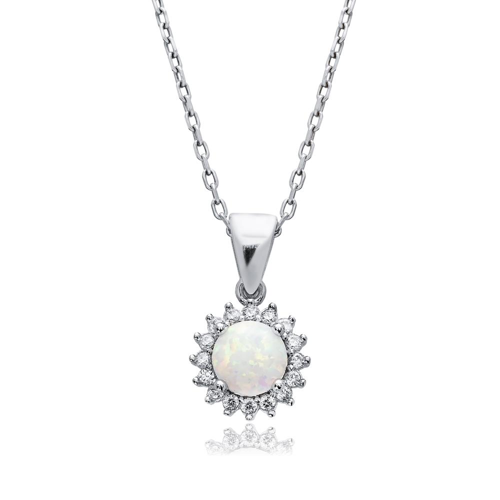 Round Cut CZ White Opal Wholesale Silver Charm Necklace