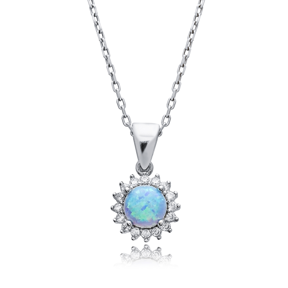 Round Cut CZ Light Blue Opal Wholesale Silver Charm Necklace