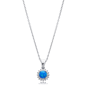 Round Cut CZ Blue Opal Wholesale Silver Charm Necklace
