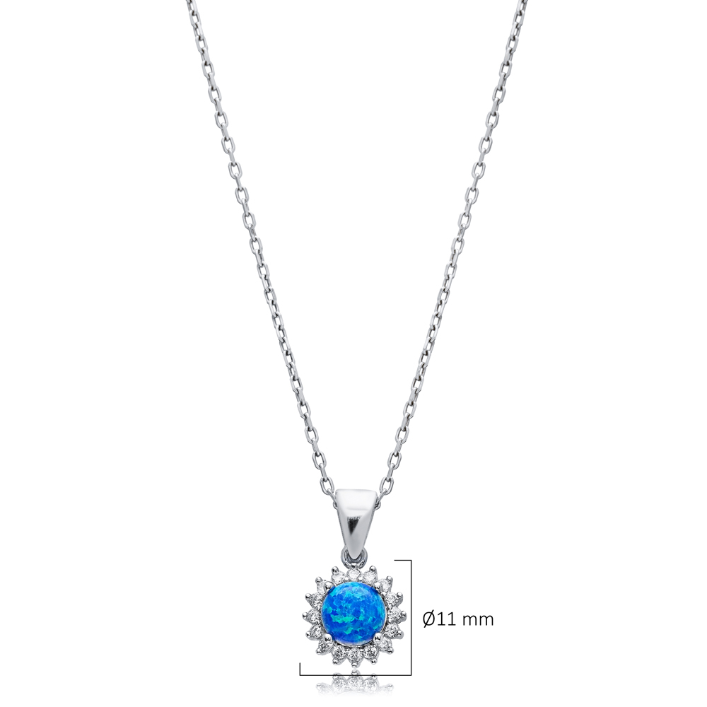 Round Cut CZ Blue Opal Wholesale Silver Charm Necklace