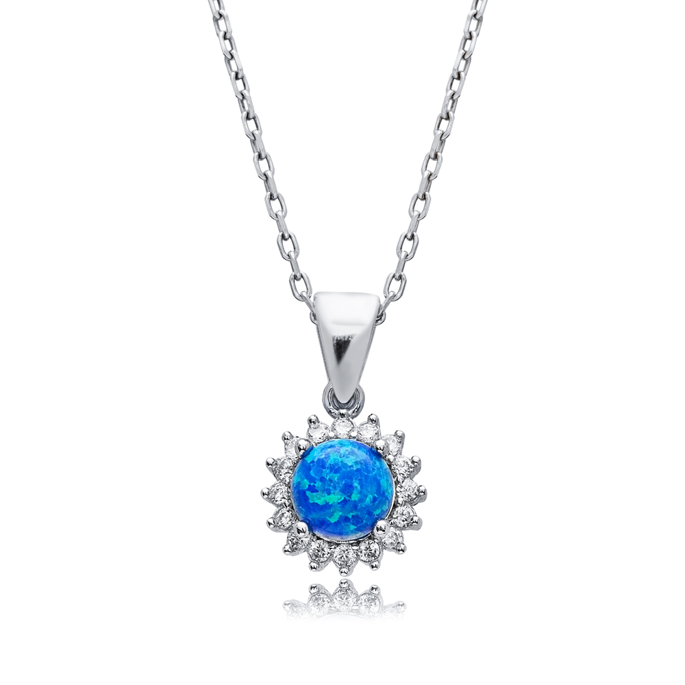 Round Cut CZ Blue Opal Wholesale Silver Charm Necklace