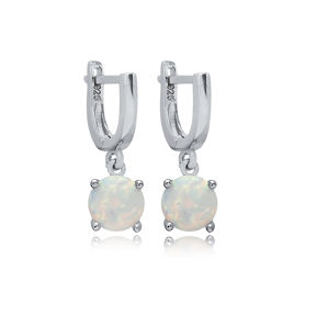 Solitaire Round White Opal Turkish 925 Silver Dangle Earrings