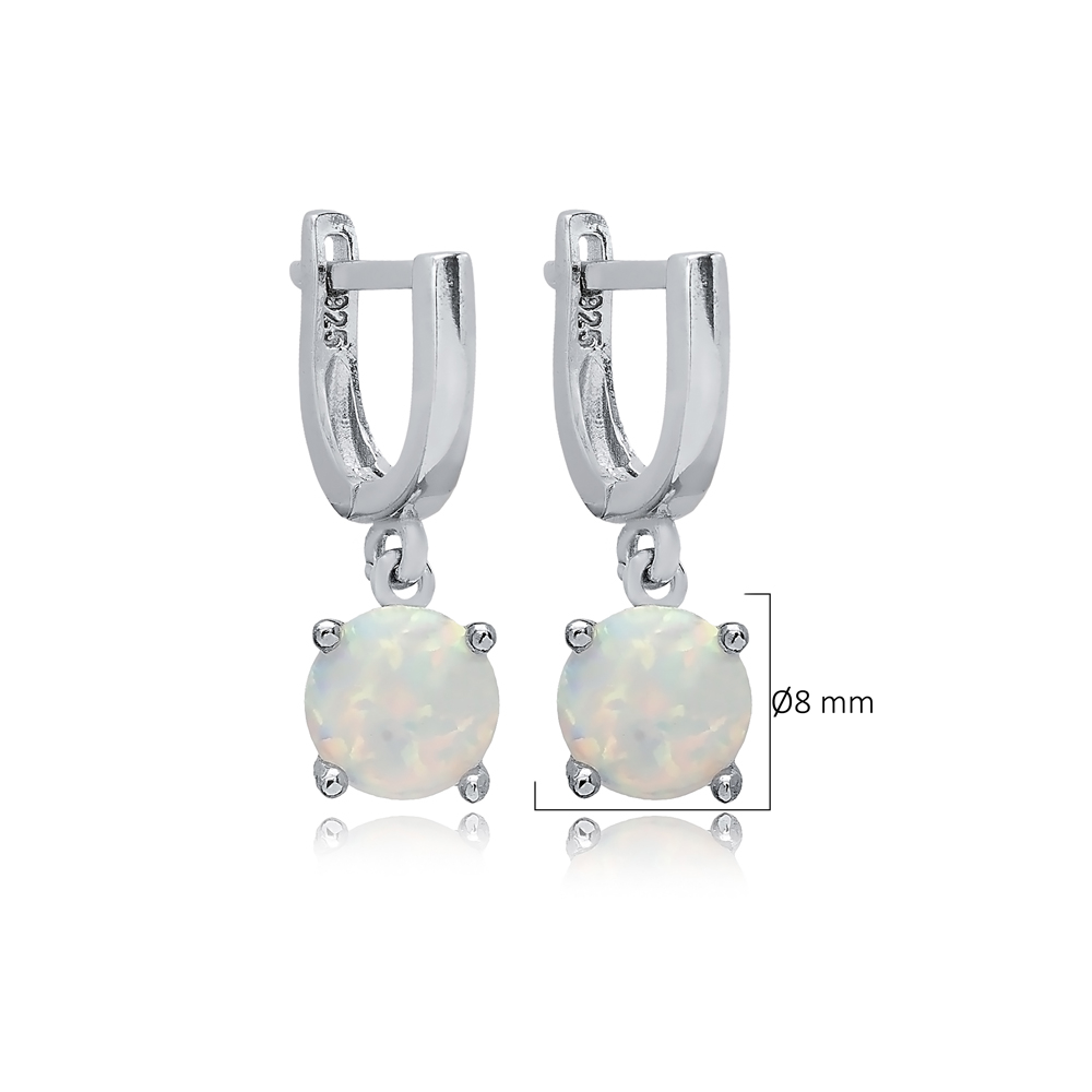 Solitaire Round White Opal Turkish 925 Silver Dangle Earrings