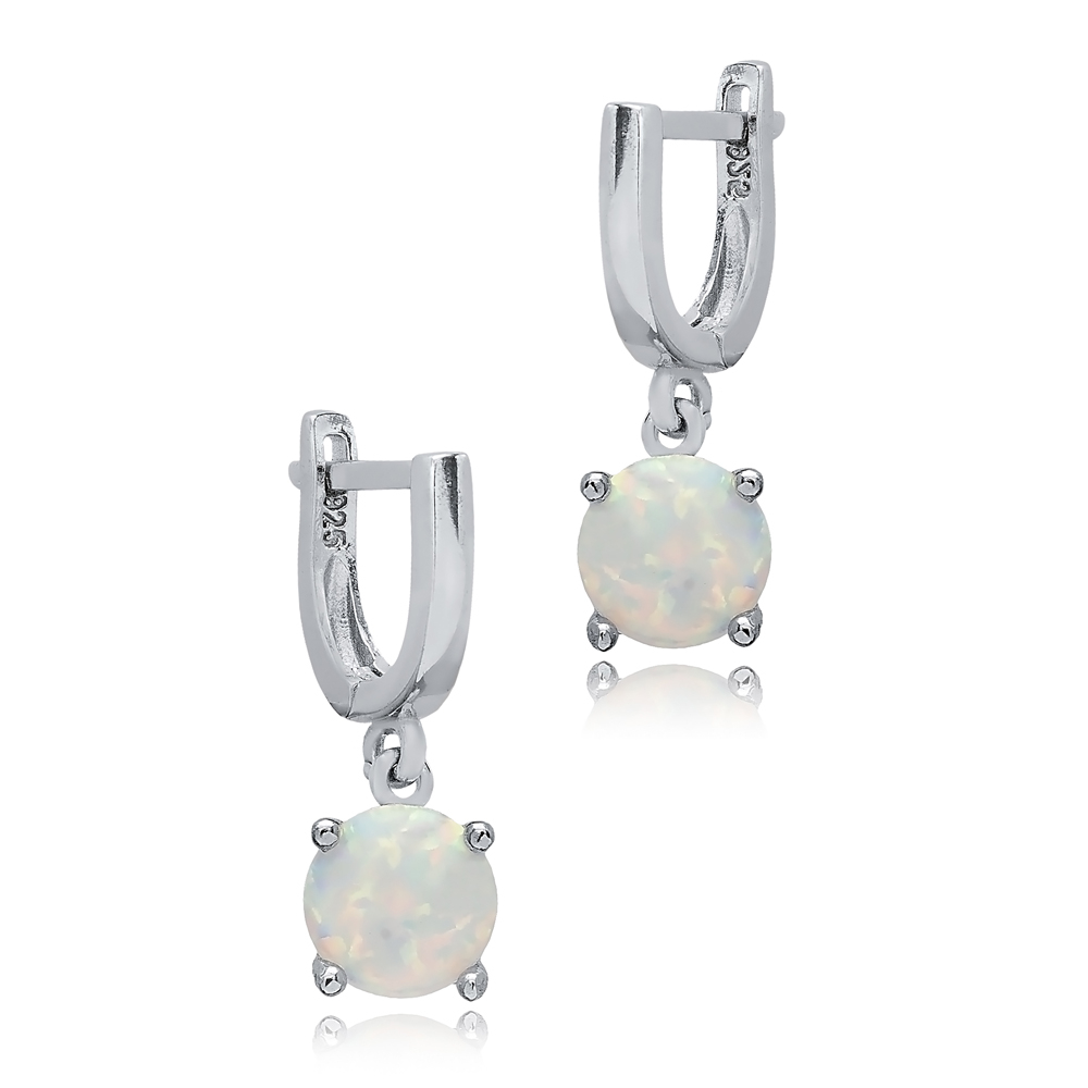 Solitaire Round White Opal Turkish 925 Silver Dangle Earrings