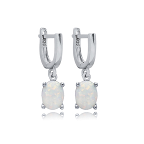 Solitaire Oval White Opal Turkish 925 Silver Dangle Earrings