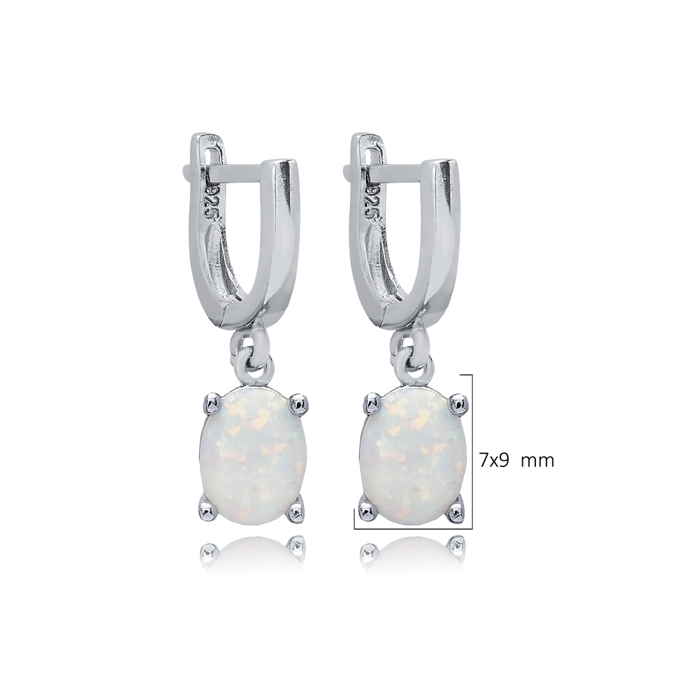 Solitaire Oval White Opal Turkish 925 Silver Dangle Earrings