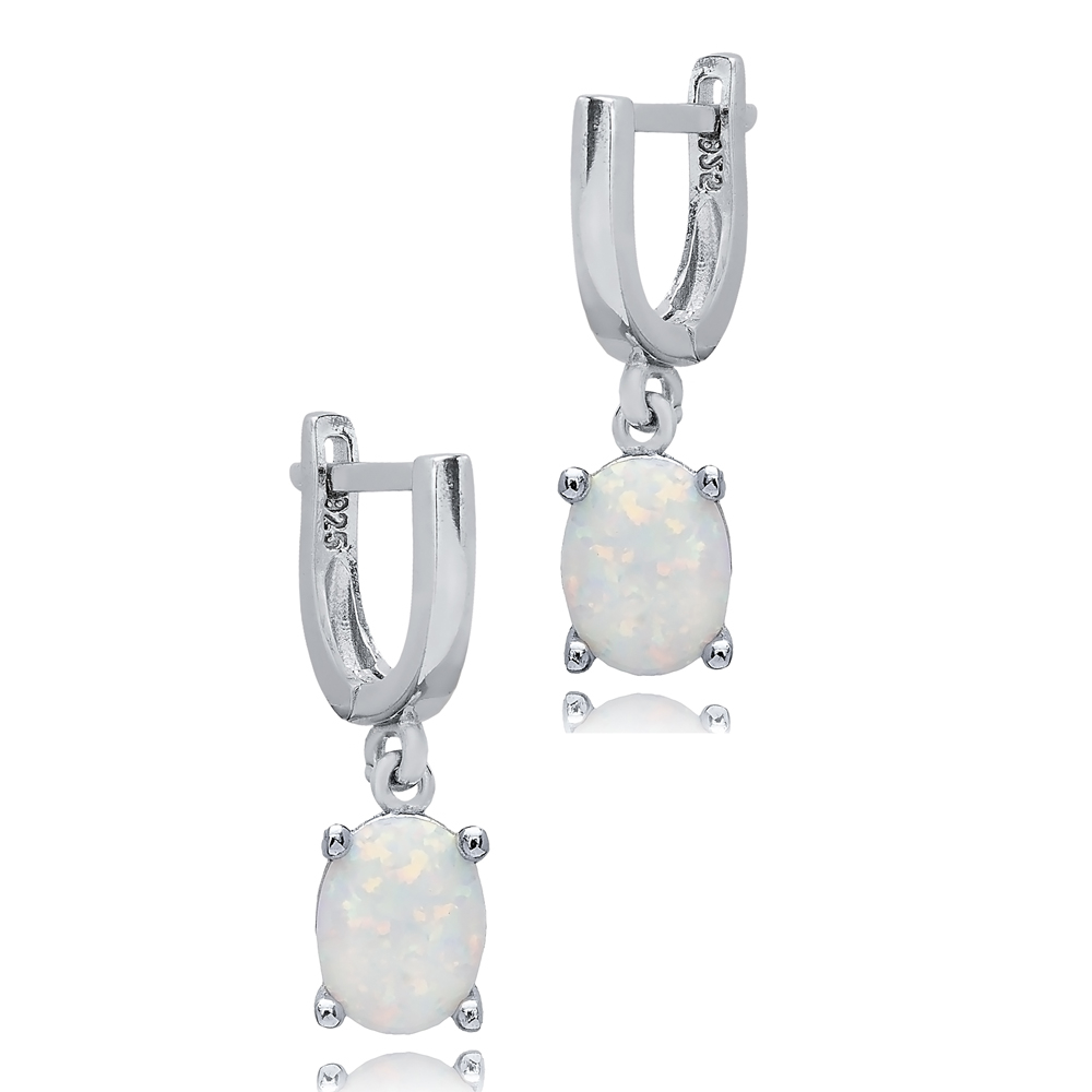 Solitaire Oval White Opal Turkish 925 Silver Dangle Earrings