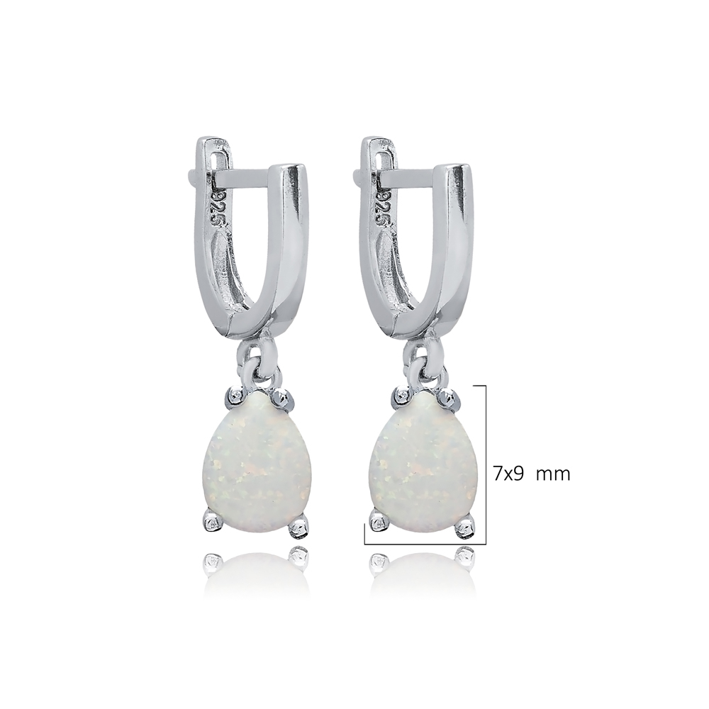 Solitaire Pear White Opal Turkish 925 Silver Dangle Earrings