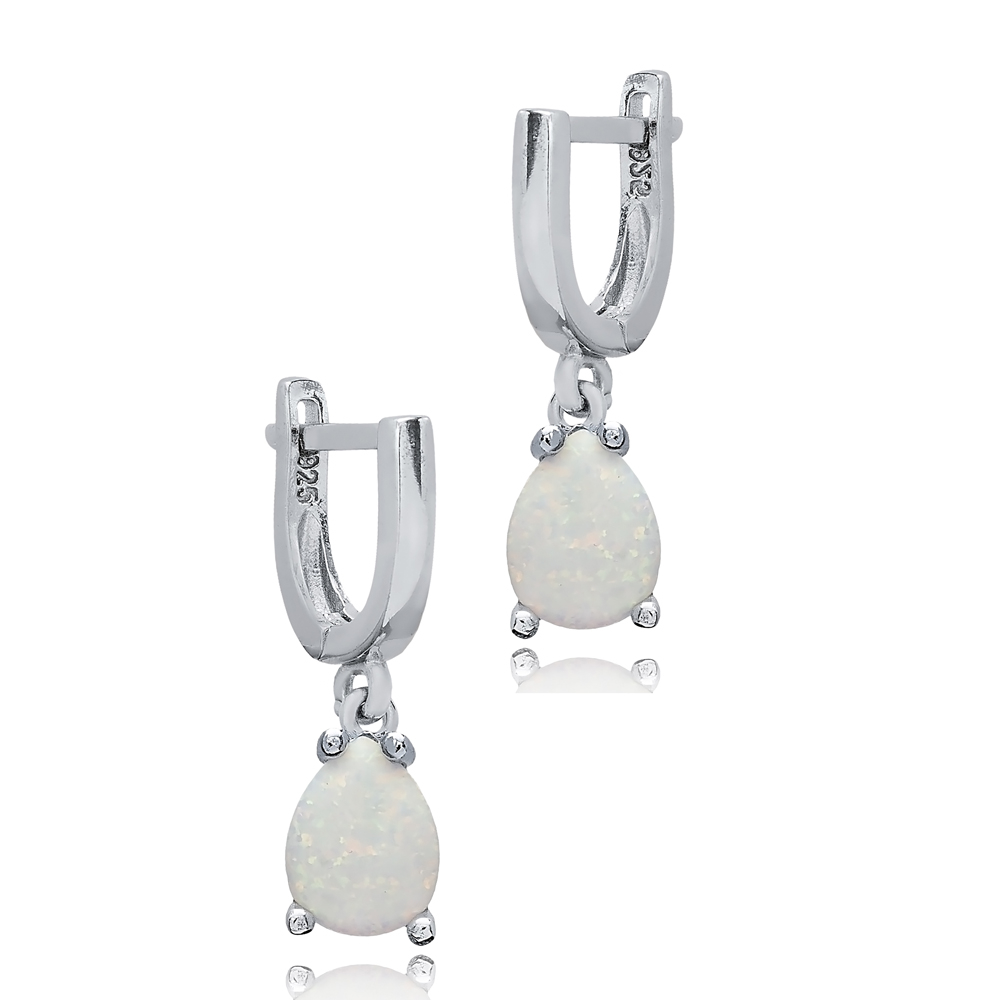 Solitaire Pearl White Opal Turkish 925 Silver Dangle Earrings