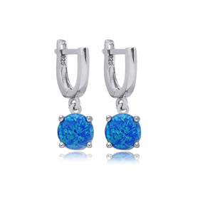 Solitaire Round Blue Opal Turkish 925 Silver Dangle Earrings