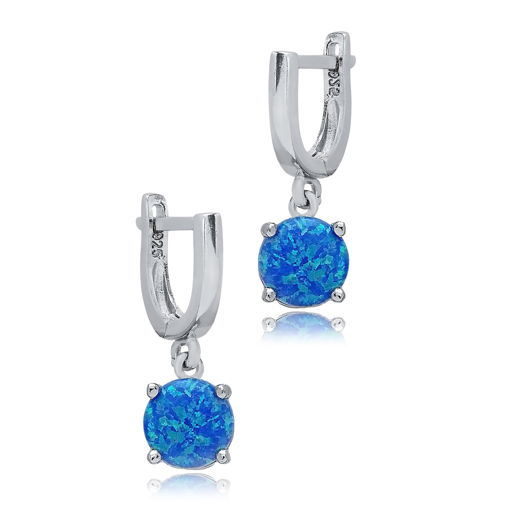 Solitaire Round Blue Opal Turkish 925 Silver Dangle Earrings