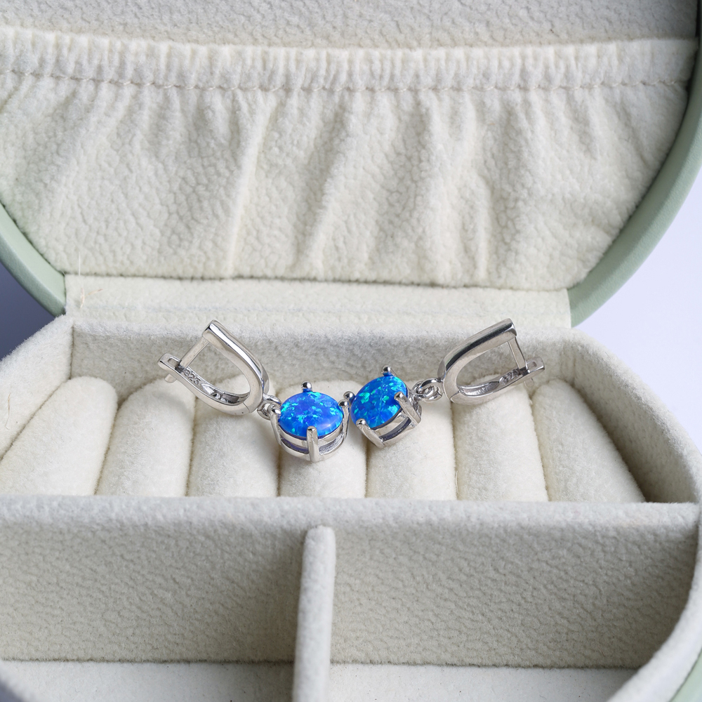 Solitaire Round Blue Opal Turkish 925 Silver Dangle Earrings