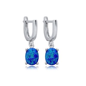 Solitaire Oval Blue Opal Turkish 925 Silver Dangle Earrings