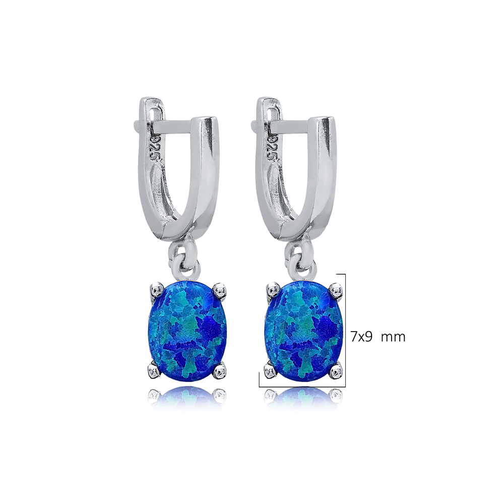 Solitaire Oval Blue Opal Turkish 925 Silver Dangle Earrings