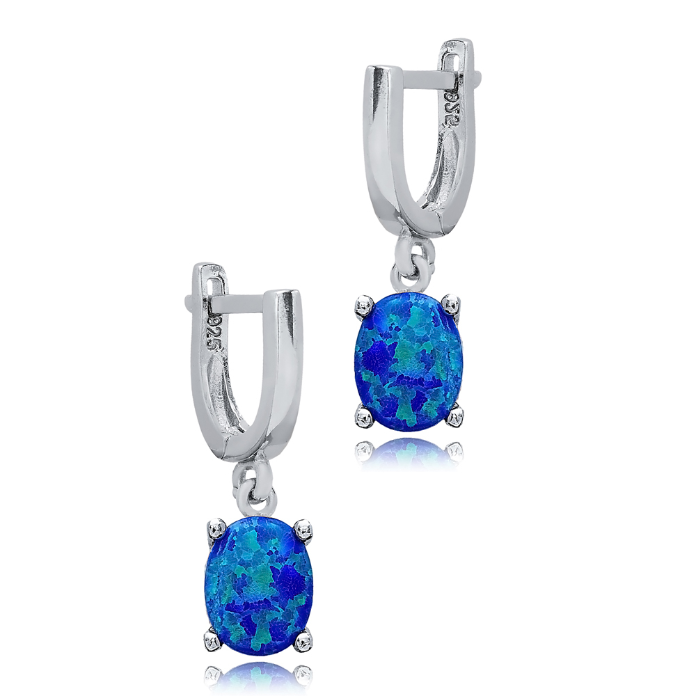 Solitaire Oval Blue Opal Turkish 925 Silver Dangle Earrings