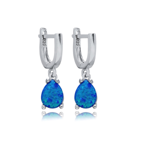 Solitaire Pear Blue Opal Turkish 925 Silver Dangle Earrings