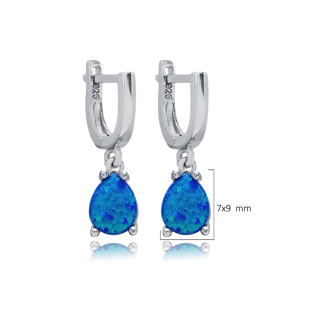 Solitaire Pearl Blue Opal Turkish 925 Silver Dangle Earrings