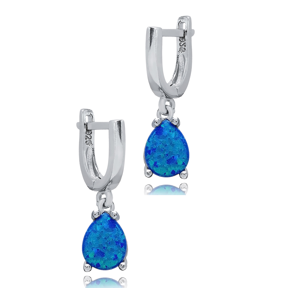 Solitaire Pear Blue Opal Turkish 925 Silver Dangle Earrings