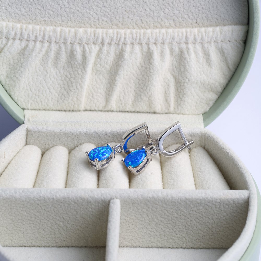 Solitaire Pear Blue Opal Turkish 925 Silver Dangle Earrings