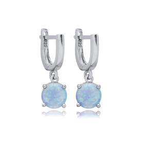 Round Light Blue Opal Turkish 925 Silver Dangle Earrings