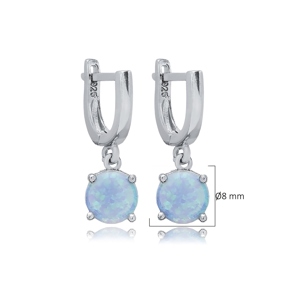 Round Light Blue Opal Turkish 925 Silver Dangle Earrings