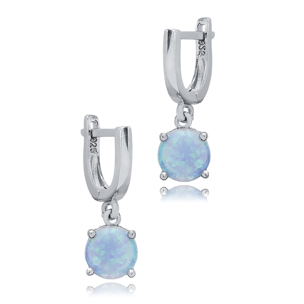 Round Light Blue Opal Turkish 925 Silver Dangle Earrings