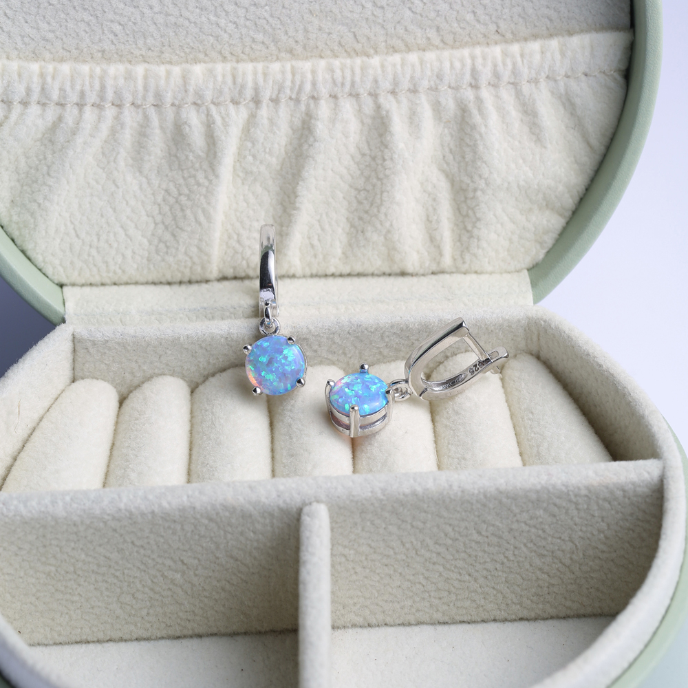 Round Light Blue Opal Turkish 925 Silver Dangle Earrings