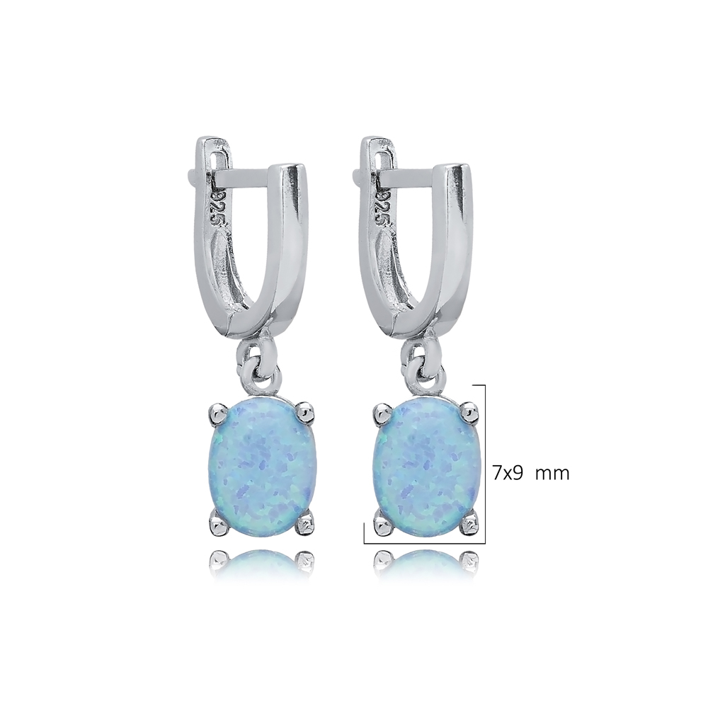 Light Blue Opal Oval Turkish 925 Silver Dangle Earrings