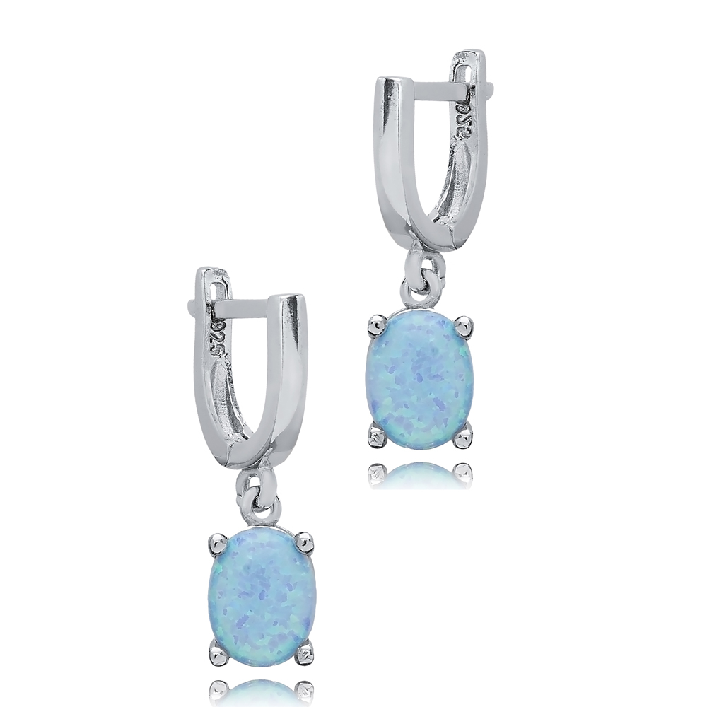 Light Blue Opal Oval Turkish 925 Silver Dangle Earrings