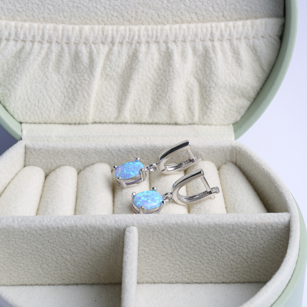 Light Blue Opal Oval Turkish 925 Silver Dangle Earrings