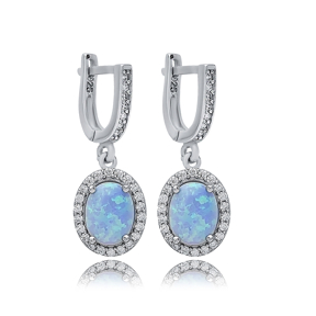 Oval Light Blue Opal Stone CZ 925 Silver Dangle Earrings