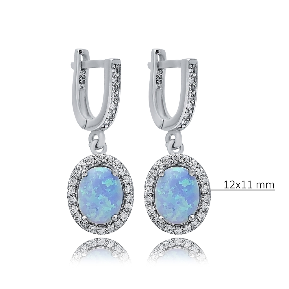 Oval Light Blue Opal Stone CZ 925 Silver Dangle Earrings