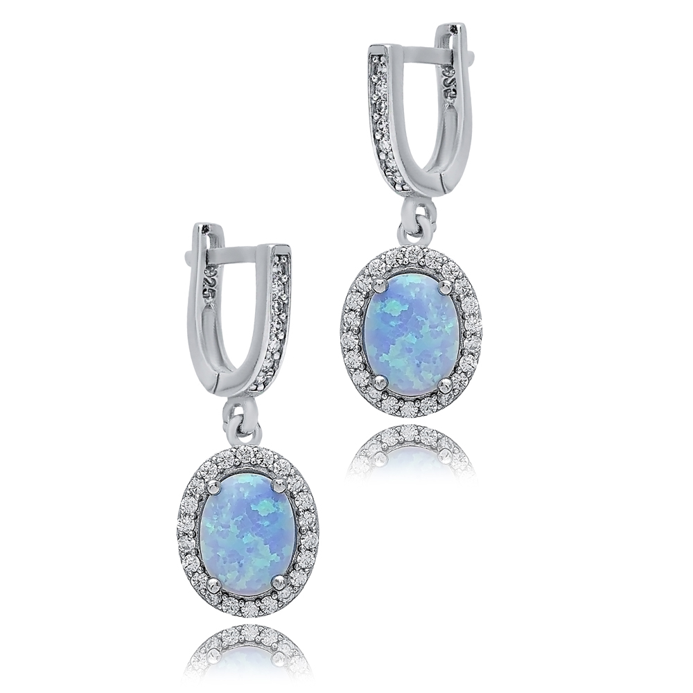 Oval Light Blue Opal Stone CZ 925 Silver Dangle Earrings