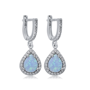 Pear Light Blue Opal Stone CZ 925 Silver Dangle Earrings