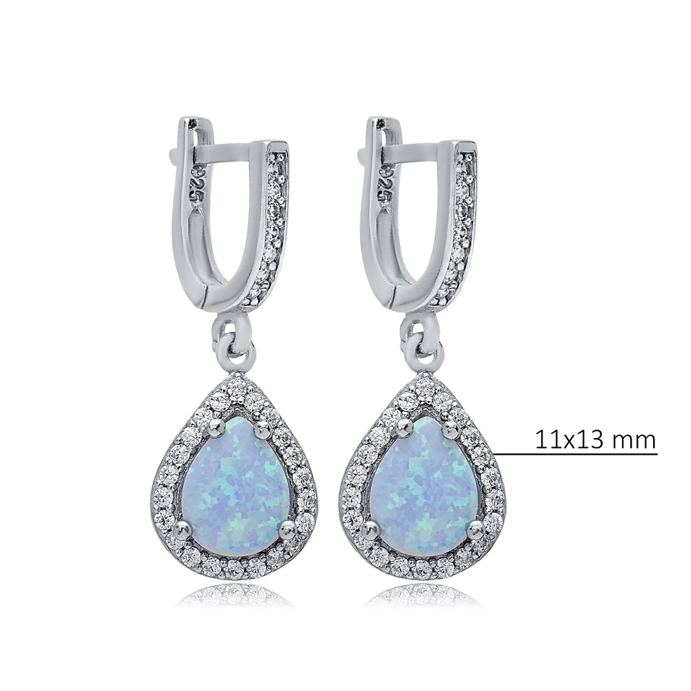 Pearl Light Blue Opal Stone CZ 925 Silver Dangle Earrings