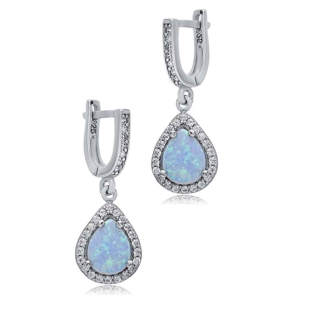 Pear Light Blue Opal Stone CZ 925 Silver Dangle Earrings