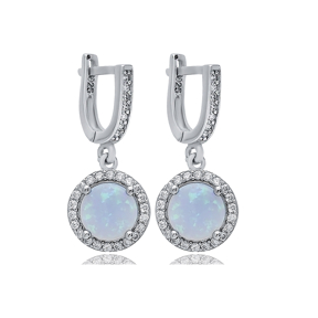 Round Light Blue Opal Stone CZ 925 Silver Dangle Earrings