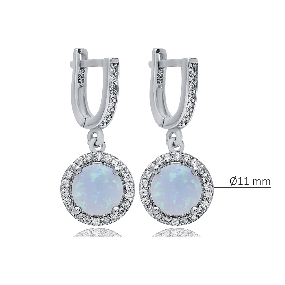 Round Light Blue Opal Stone CZ 925 Silver Dangle Earrings