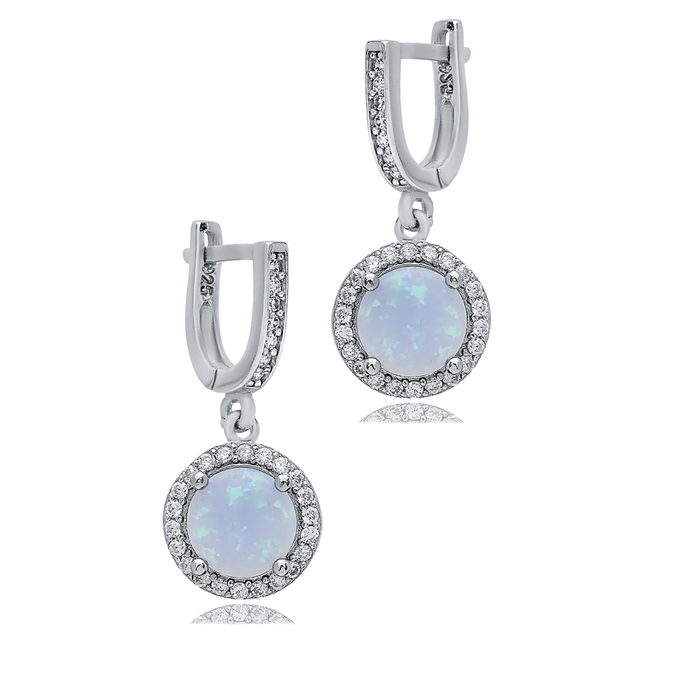 Round Light Blue Opal Stone CZ 925 Silver Dangle Earrings