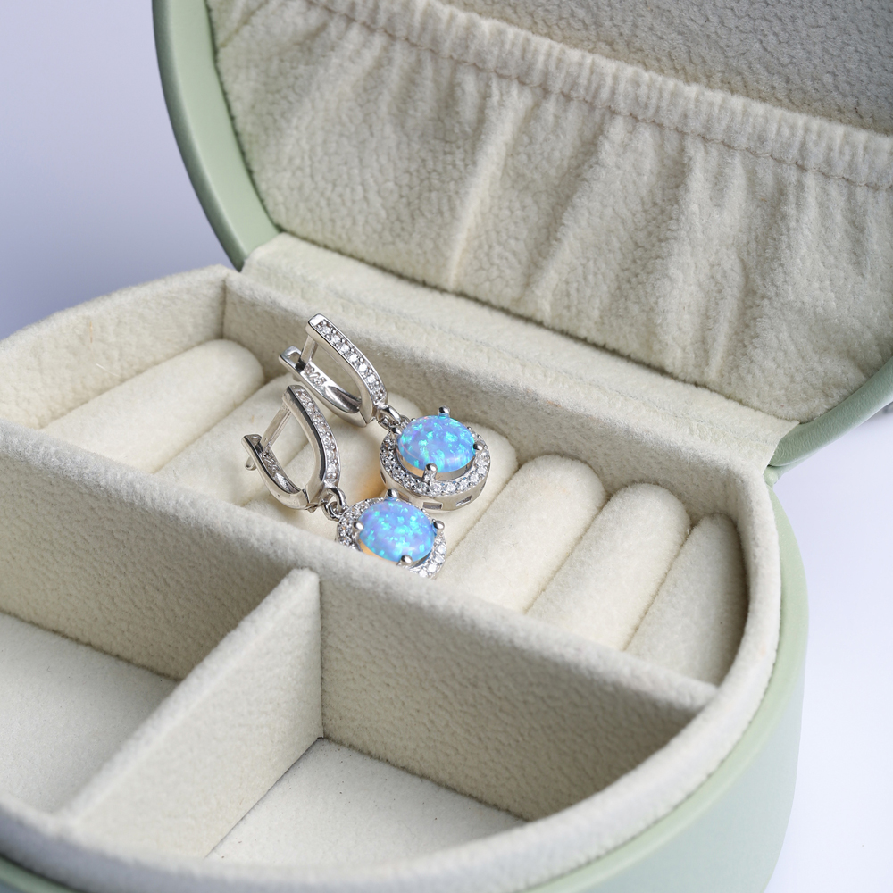 Round Light Blue Opal Stone CZ 925 Silver Dangle Earrings